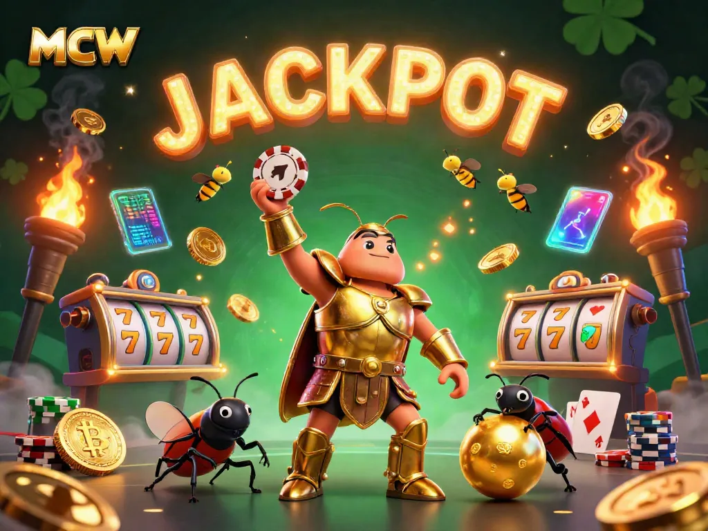 MCW showcases a victorious beetle hero in a rich casino atmosphere, celebrating with chips and crypto elements.