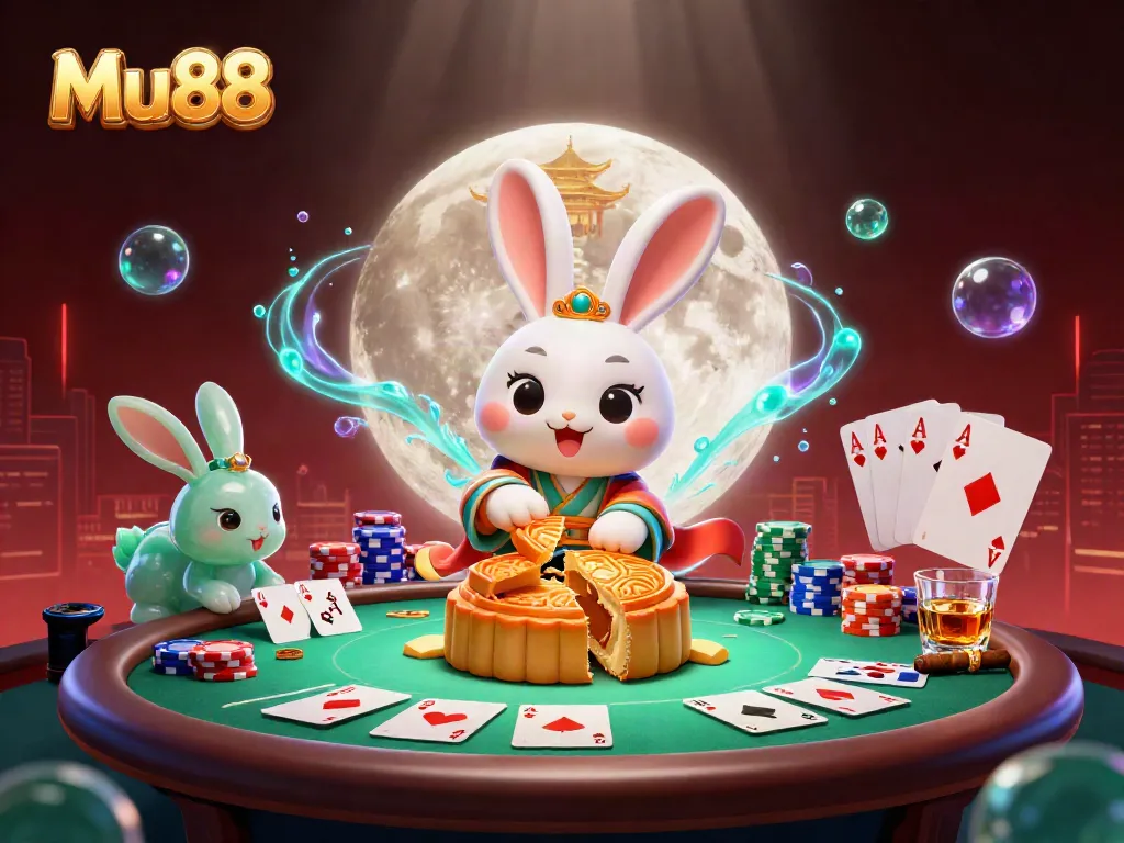 Engage with Mu88's gaming excitement as a moon rabbit produces poker chips from mooncakes.