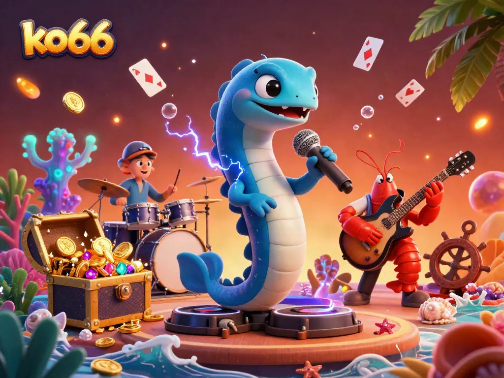 Experience the excitement of ko66 in this vibrant underwater casino scene, filled with treasure and dynamic performances.