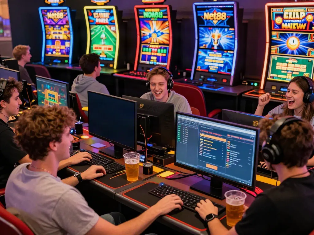 Excited players enjoying diverse games on the Net88 platform.