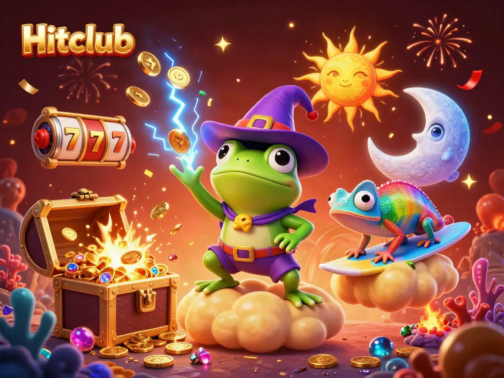 Hitclub offers exciting gameplay with slot reels and golden coins, highlighting thrilling casino action.