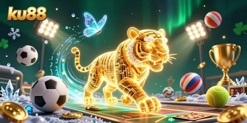 Engage with ku88's vibrant gaming universe featuring dynamic sports betting elements and a golden tiger.