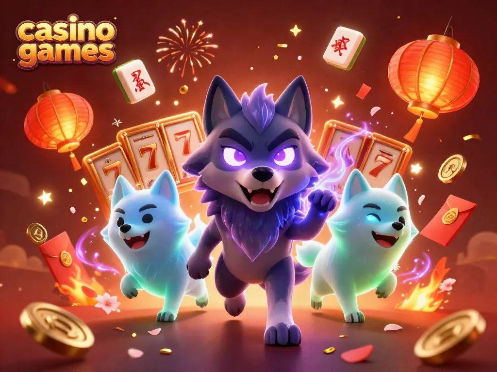 Engage with vibrant casino games highlighted by a glowing wolf trio and dynamic slot elements.