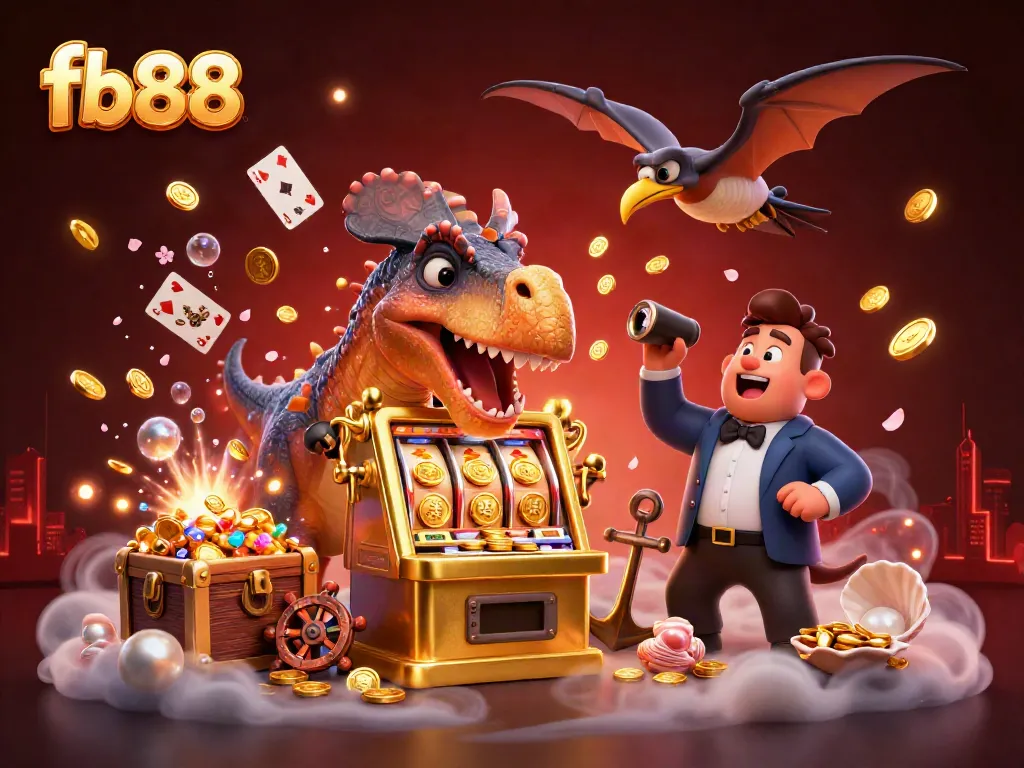 Experience the thrilling jackpot excitement at fb88 with playful dinosaurs in a vibrant casino scene.