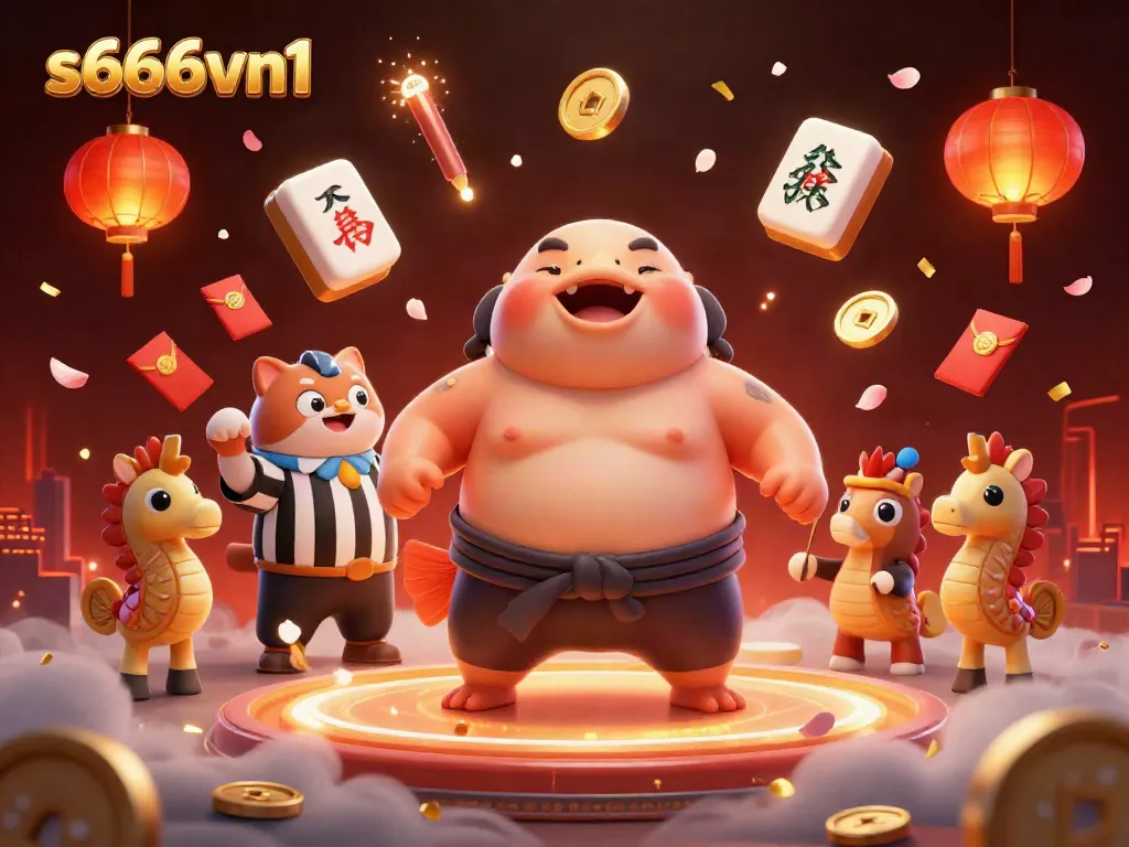 Engage in exhilarating underwater action with s666vn1 featuring a puffed-up fugu fish in a sumo ring surrounded by festive elements.
