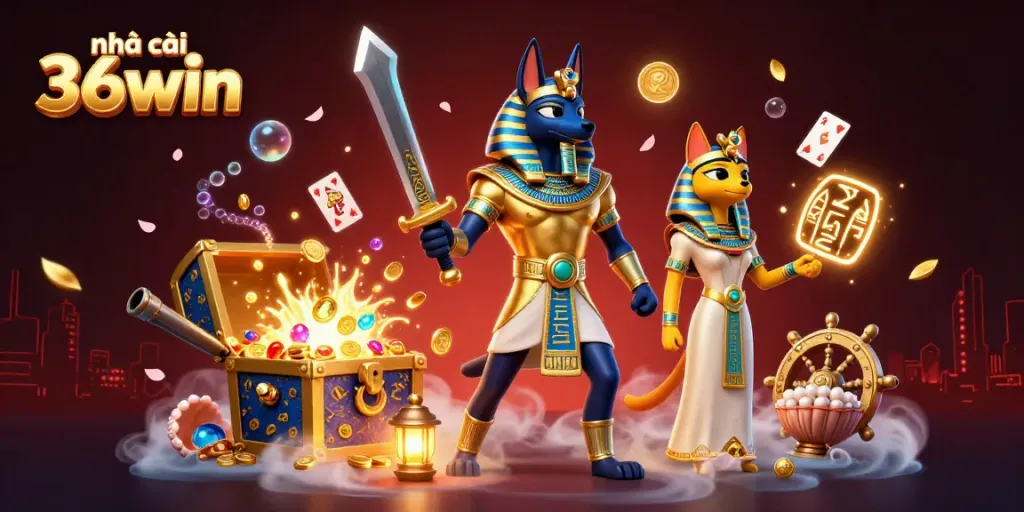 Engage in thrilling gaming with Nhà cái 36win featuring 3D warriors and vibrant casino elements