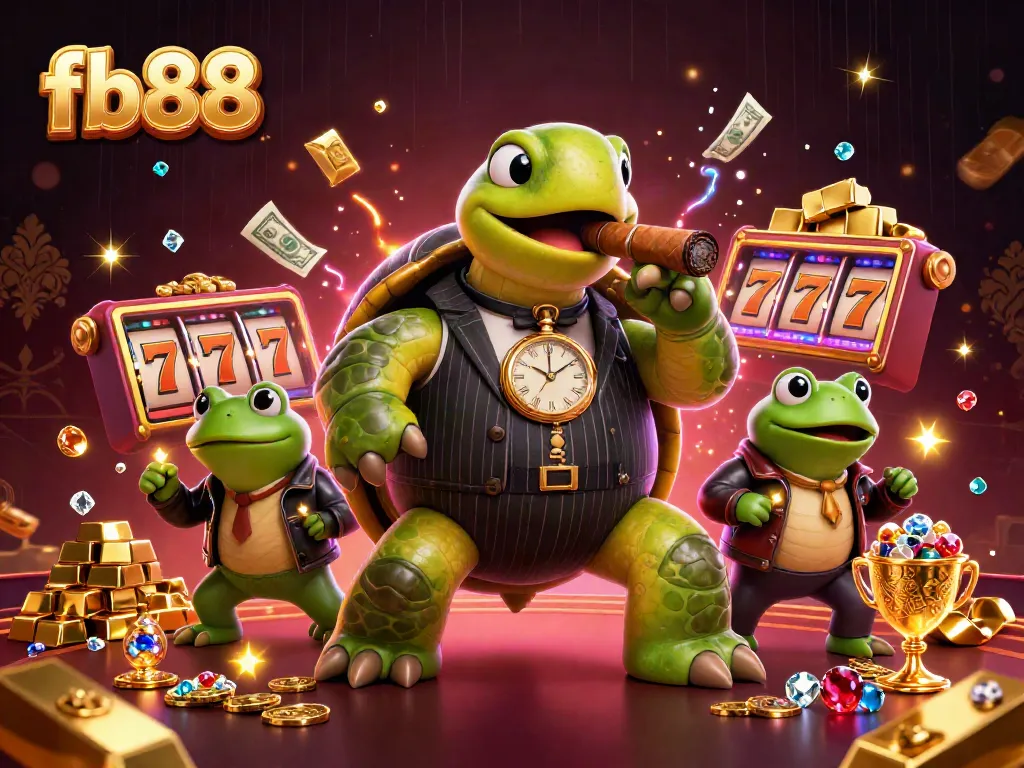 Engage with fb88's vibrant 3D casino scene featuring a snapping turtle casino mogul and bullfrog enforcers amid treasures.