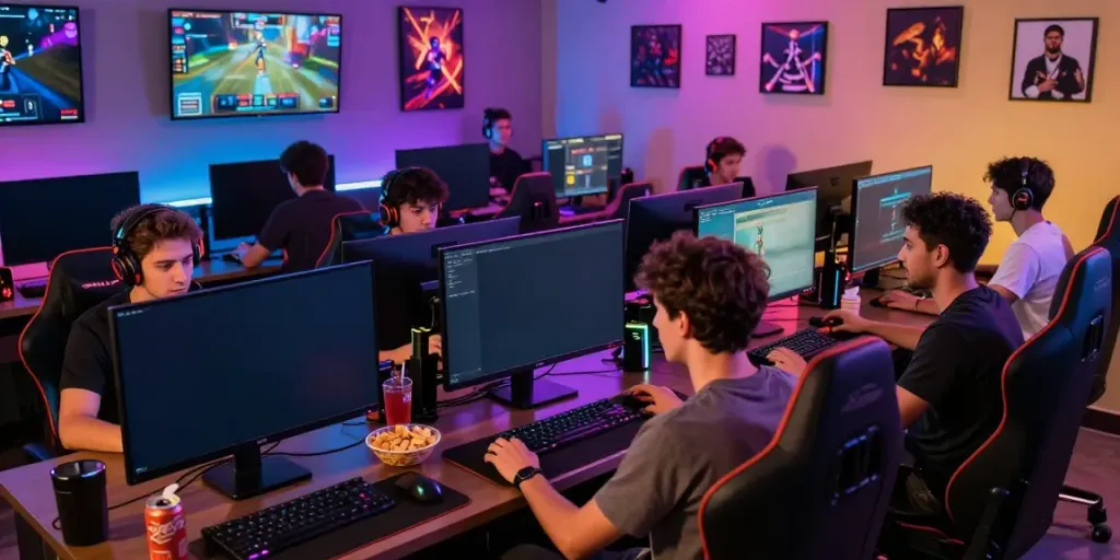 A diverse group of gamers enjoying interactive gameplay at Manclub's vibrant online gaming lounge.