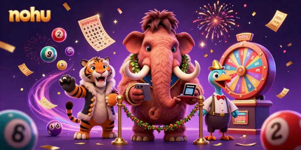 NoHu casino scene with a mammoth bouncer, saber-tooth VIP, colorful lottery elements