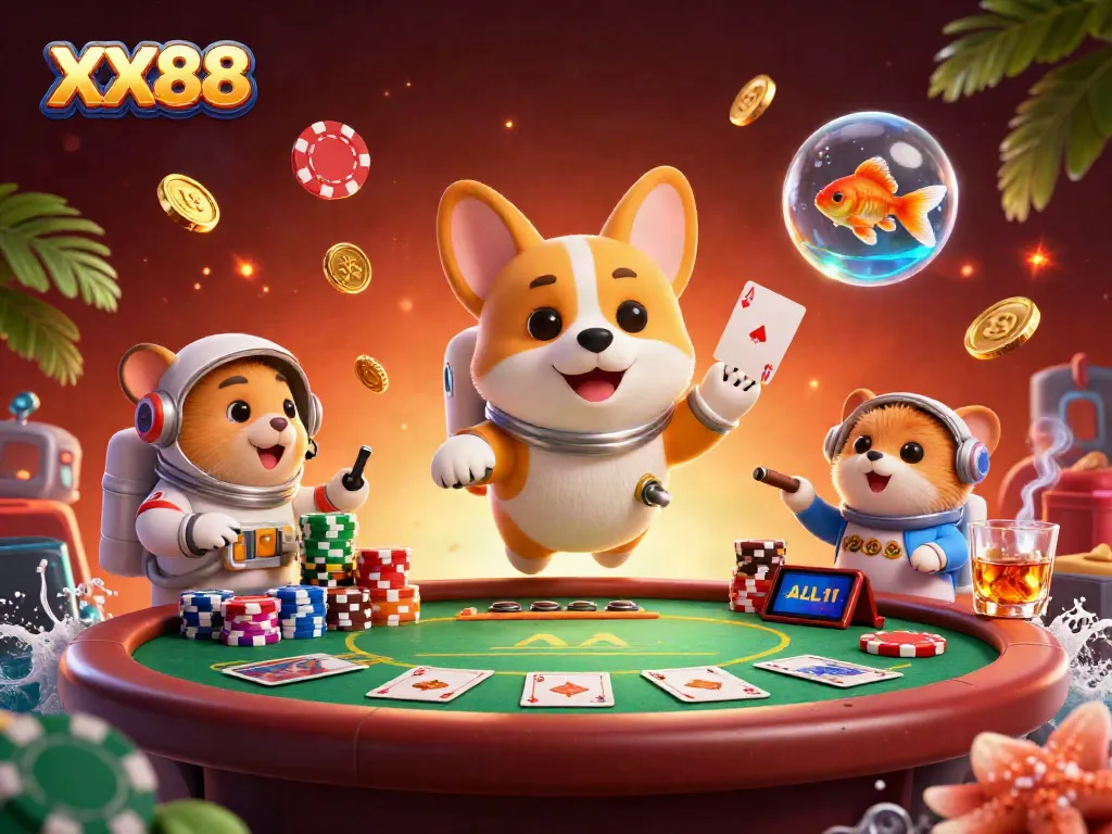 Experience the thrill of XX88 with a vibrant casino scene featuring a floating corgi and dynamic gaming elements.
