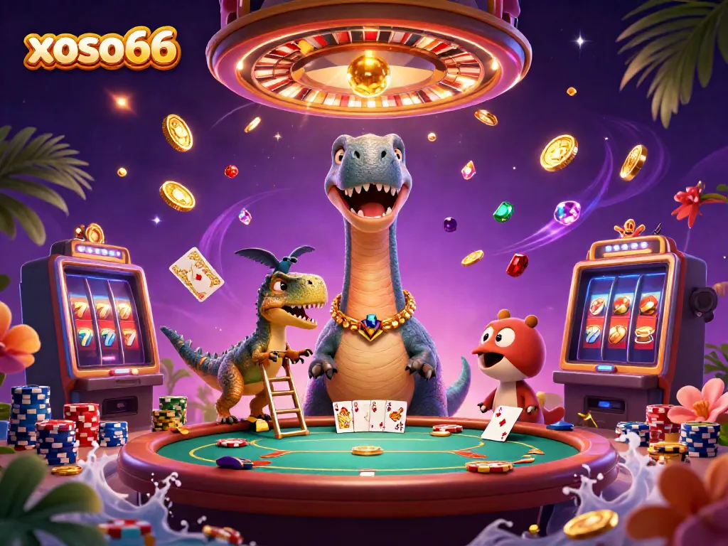Experience the dynamic world of xoso66 with a brontosaurus and clever raptor in a vibrant casino setting.