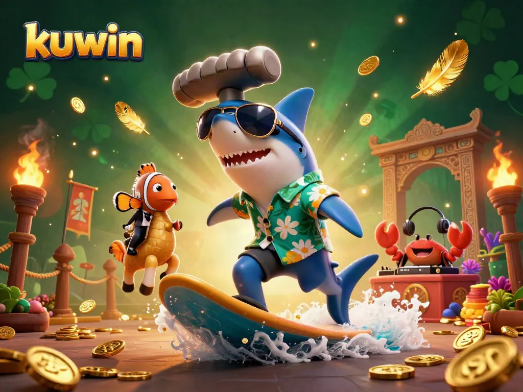 Kuwin casino scene featuring vibrant characters amidst coins, capturing the excitement of online gaming.