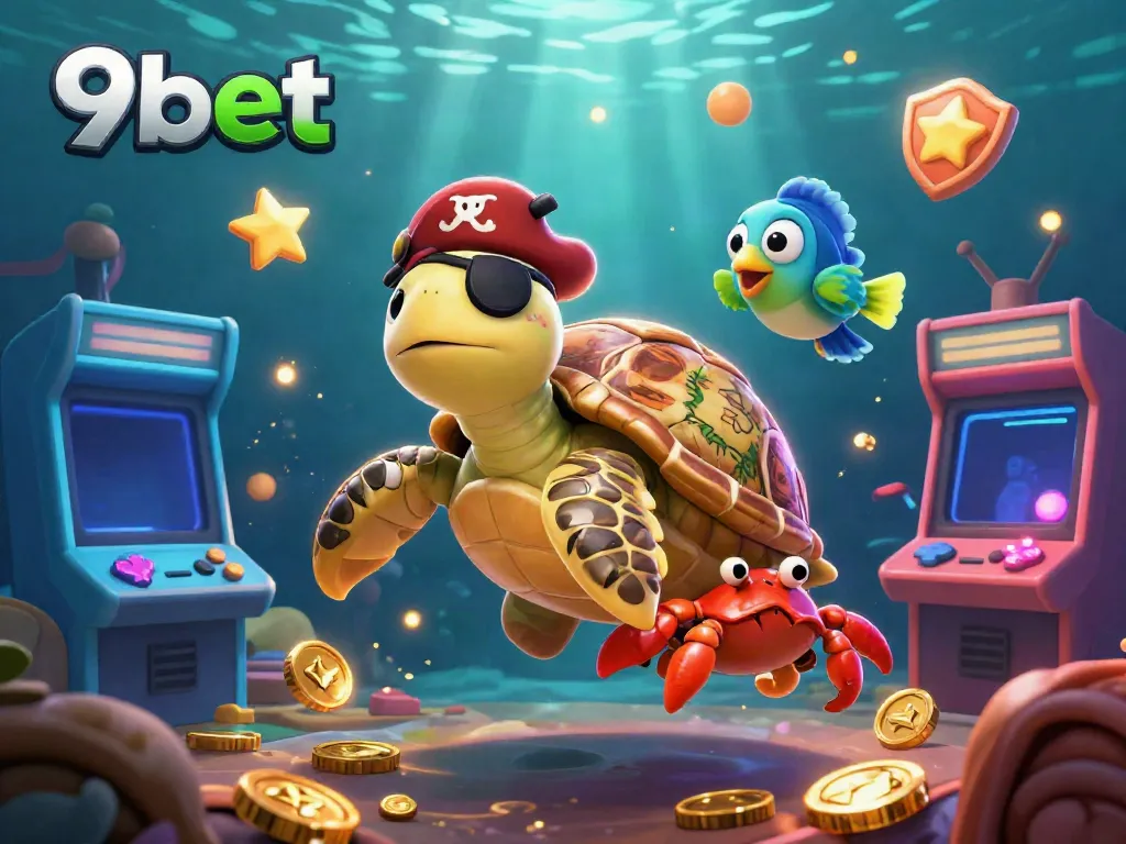 Experience the thrill of 9bet through a vibrant underwater scene with colorful game elements and cartoon characters.