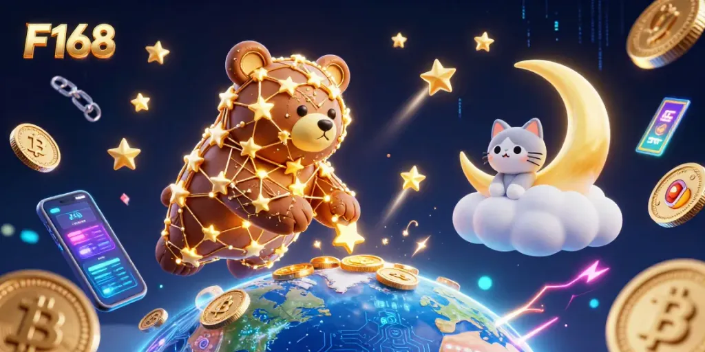 Experience F168 with a lively 3D casino scene filled with stars and glowing coins, designed for online gamblers.
