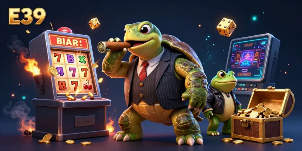E39-themed casino illustration featuring a cartoon snapping turtle in a suit with a jackpot slot machine.