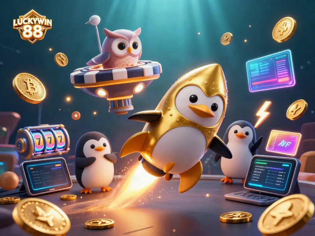 Experience LUCKYWIN 88 through a vibrant 3D scene featuring the golden penguin and casino elements.