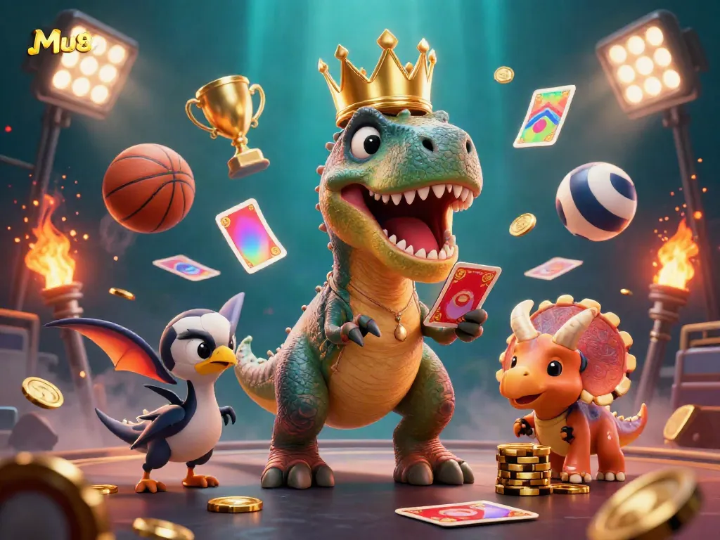 Engage in thrilling gameplay at Mu88 with a T-Rex shuffling cards and friends stacking chips.