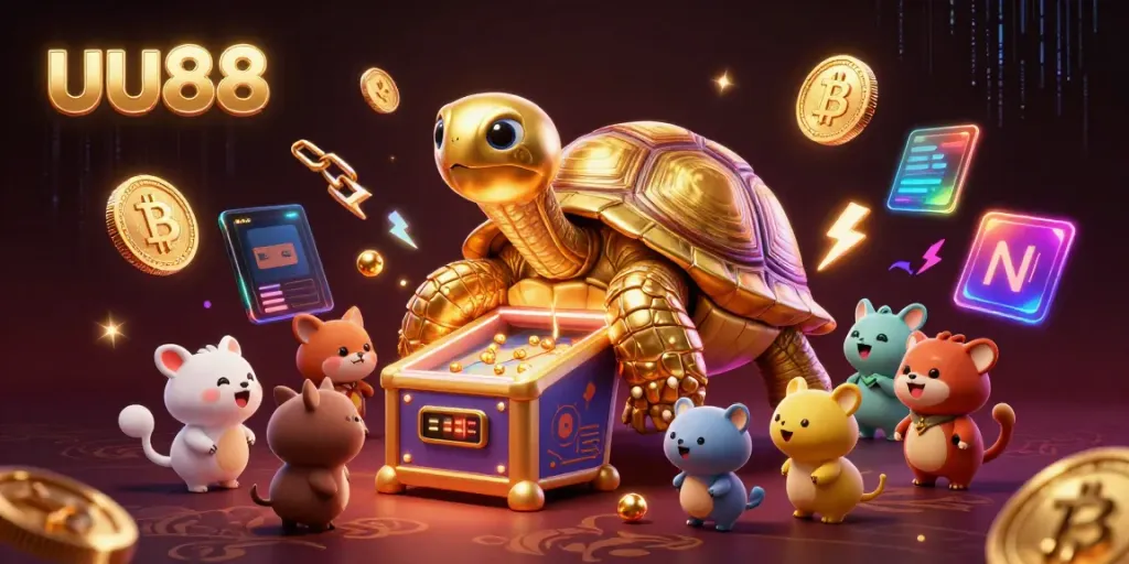 Engage with the vibrant action of uu88 in a lively casino scene featuring a colossal tortoise as a pinball machine.