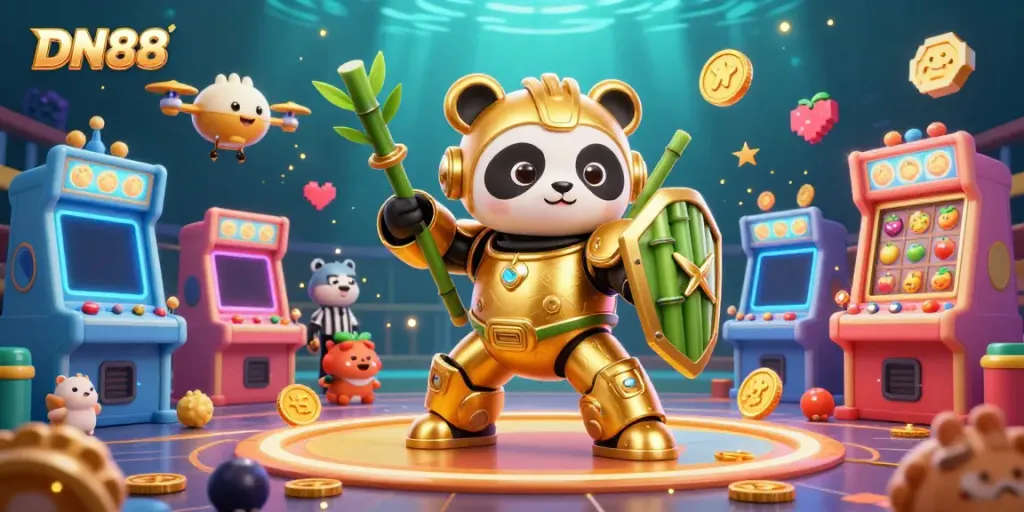 Experience the vibrant world of DN88 where a golden panda pilot battles in a dynamic casino arena filled with colorful game elements.