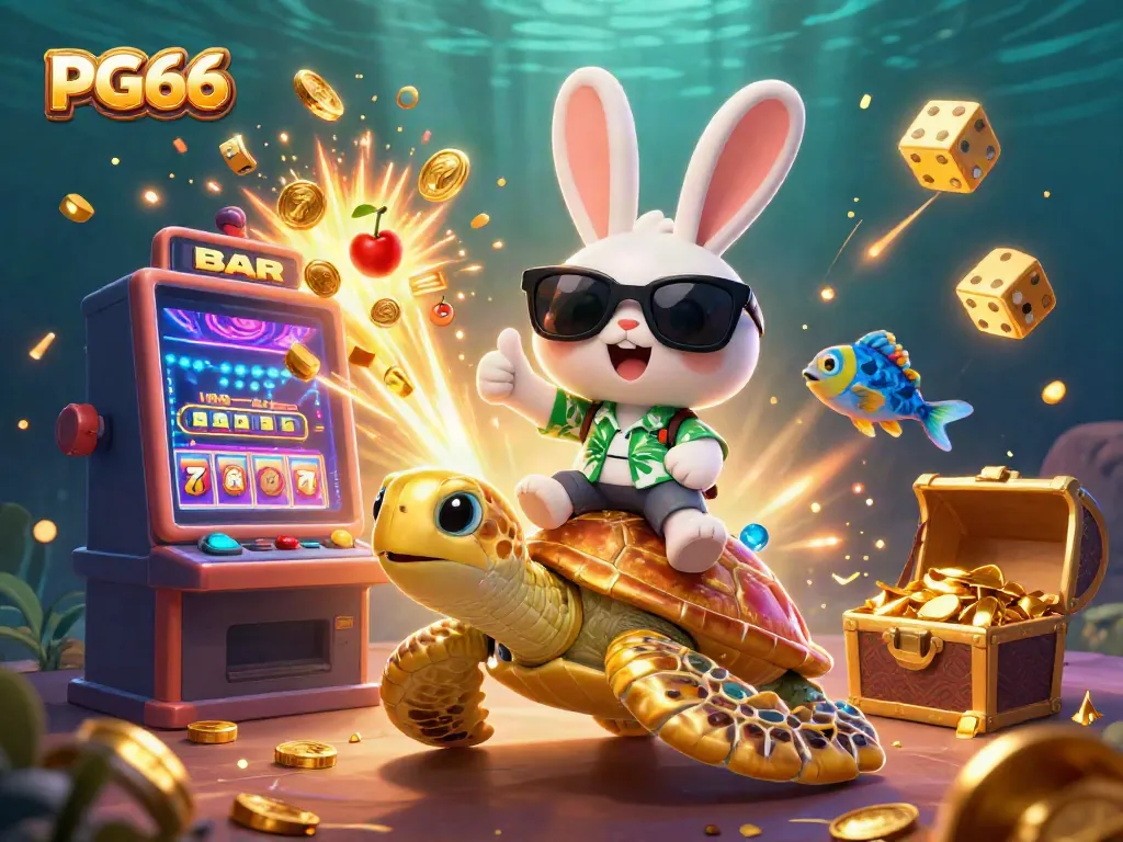 Experience the vibrant underwater world of PG66 with a lucky rabbit and golden turtle, celebrating casino wins.