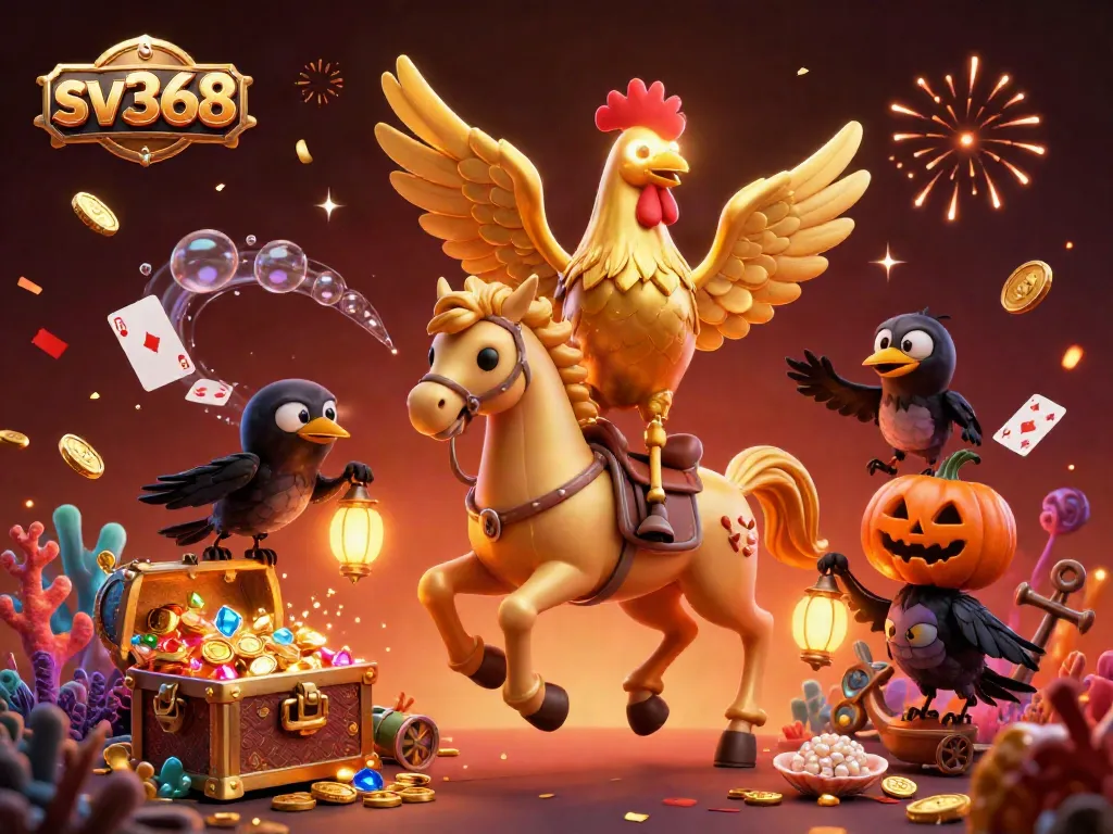 Action-packed sv368 casino scene with a golden rooster and crow companions bursting with energy and treasure.