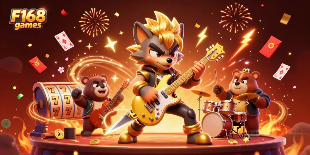 Engage with F168 games featuring epic casino scenes, slot reels, and a lively rock star wolf illustration.