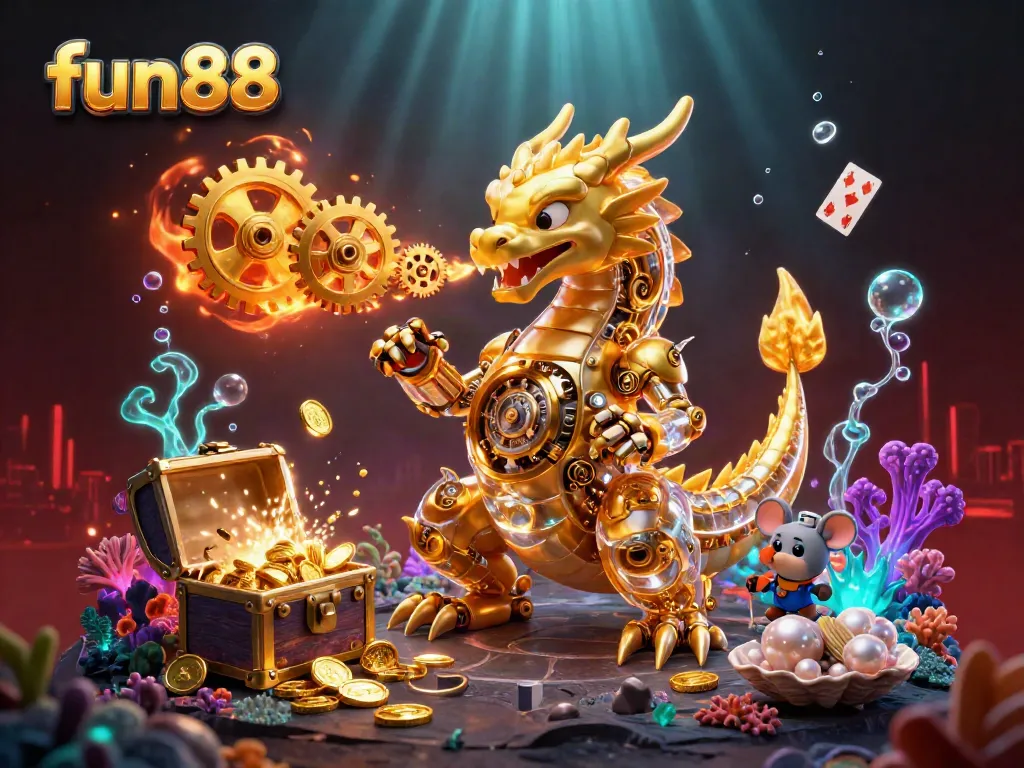 Experience excitement with fun88 as a golden dragon and engineer explore a treasure-filled underwater casino.