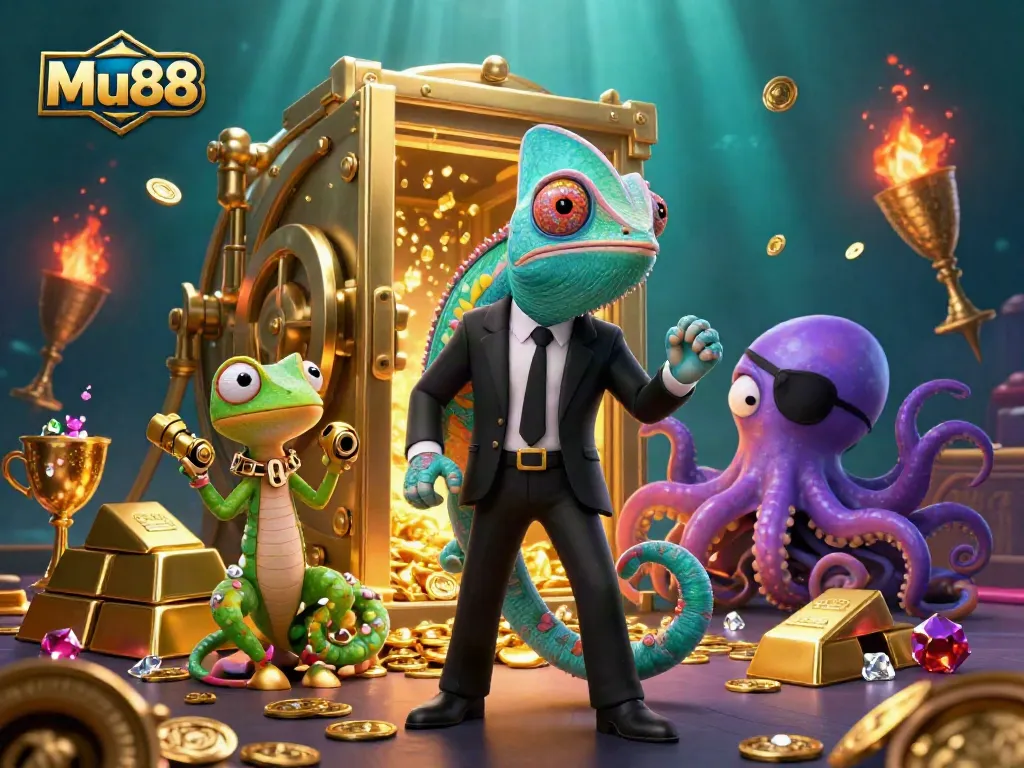 Engage with thrilling Mu88 casino gaming in a vibrant scene featuring characters and treasures.