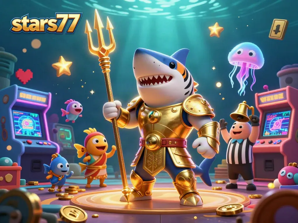 Menghadapi tantangan jackpot di stars77 dengan ikan kecil bersorak dan elemen kasino.