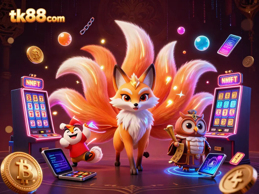 Experience the magic of tk88 com with this vibrant 3D casino scene featuring lucky charms and Crypto elements.