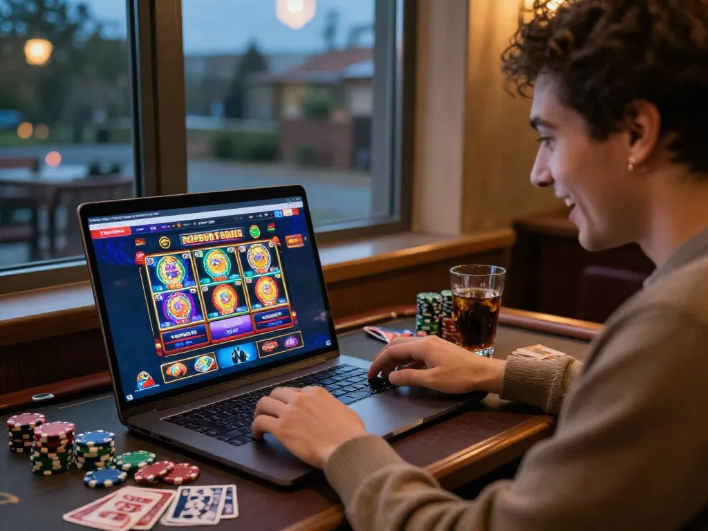 Engaged player exploring casino bonus sans depot offers online, lively gaming atmosphere.