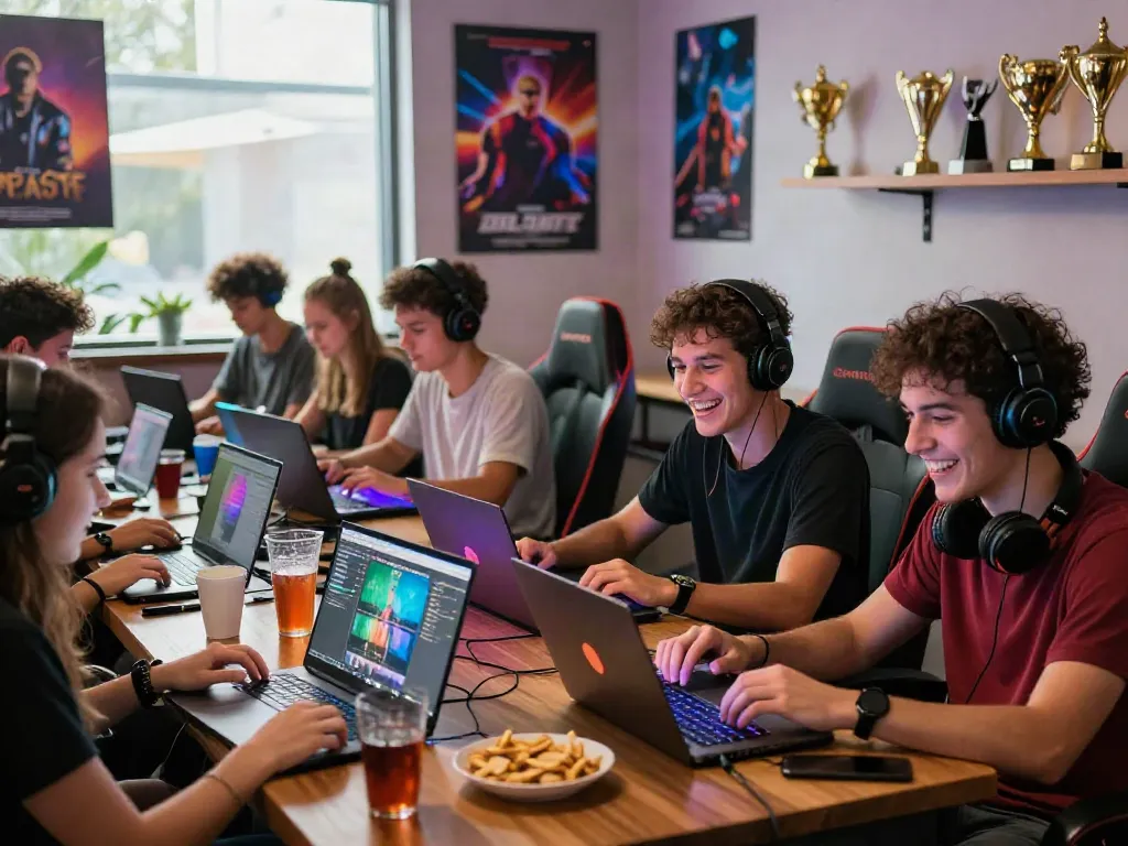 A80 gaming experience with friends in a vibrant lounge setting.