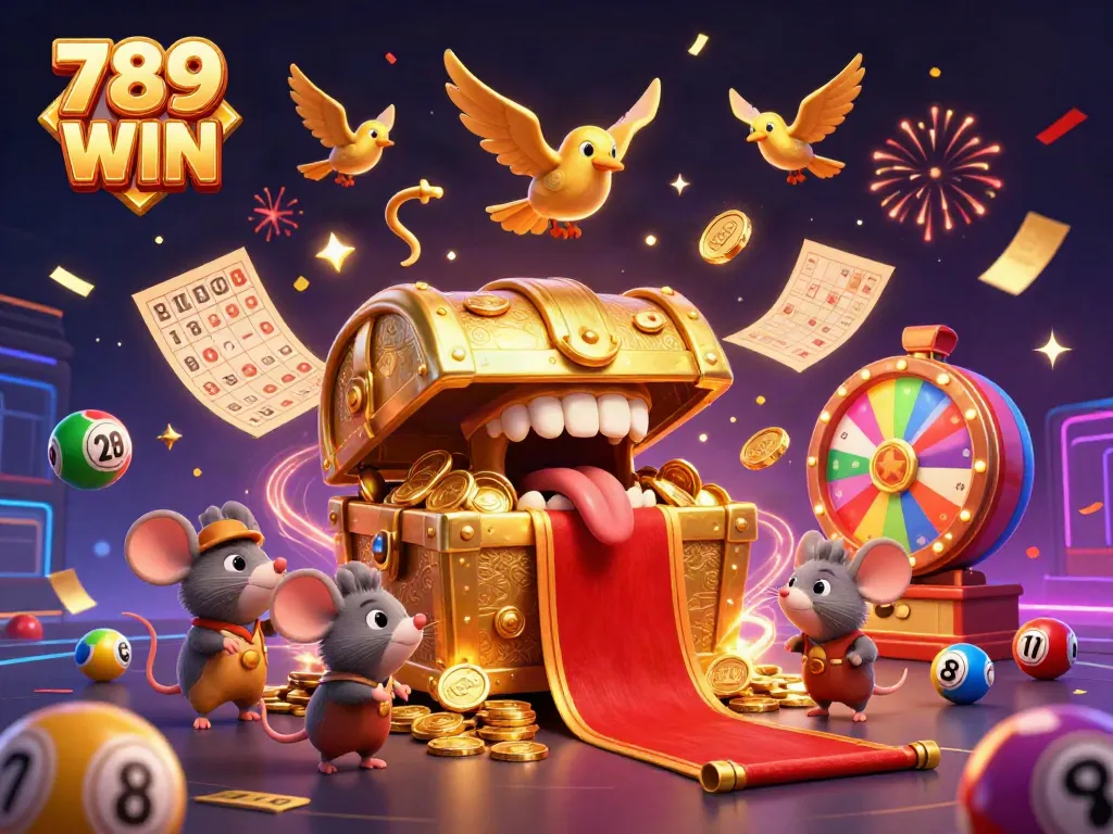 Experience the thrill of 789 WIN with dynamic lottery elements and golden treasures in this vibrant scene.