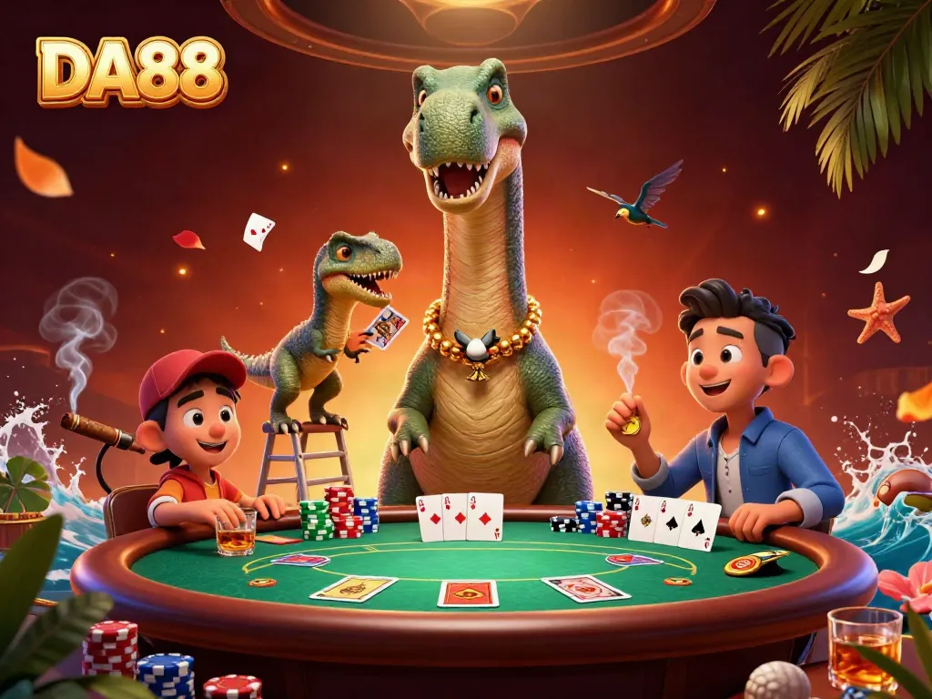 Engage with DA88 as a playful brontosaurus peers over a vibrant poker scene, elevating your gaming experience.