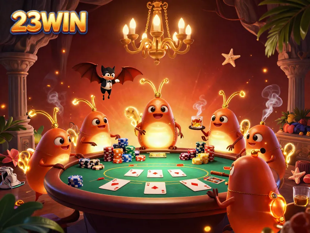Experience the vibrant glow of the 23WIN cave casino with bioluminescent glowworms lighting the poker action.
