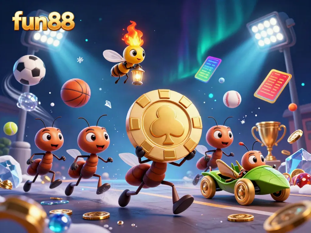fun88 ants carrying a giant poker chip while sports elements surround them in an exciting heist illustration