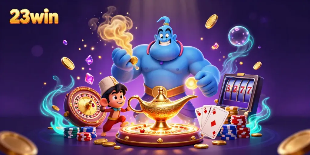 Exciting 23win casino scene featuring a genie, monkey, and poker chips amidst vibrant gaming elements.