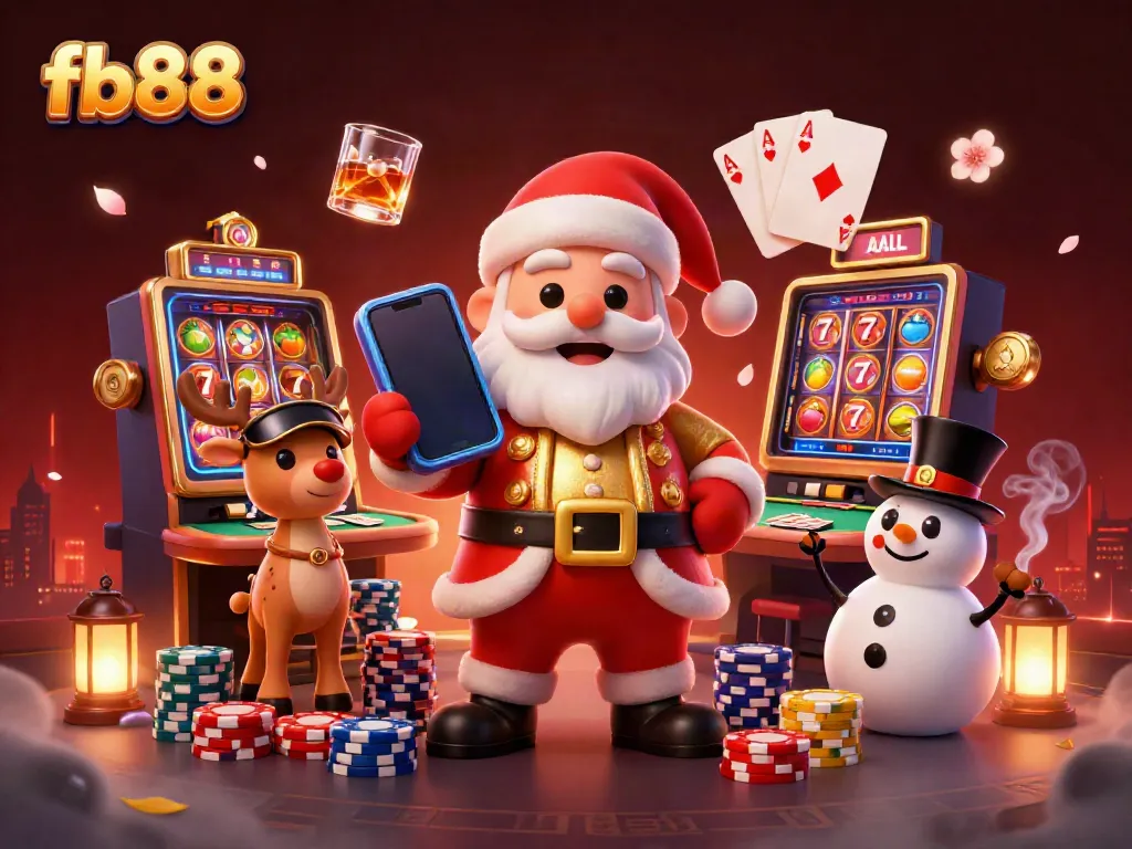Play exciting jackpot slots at fb88 with Santa Claus, his reindeer, and a poker chip snowman!