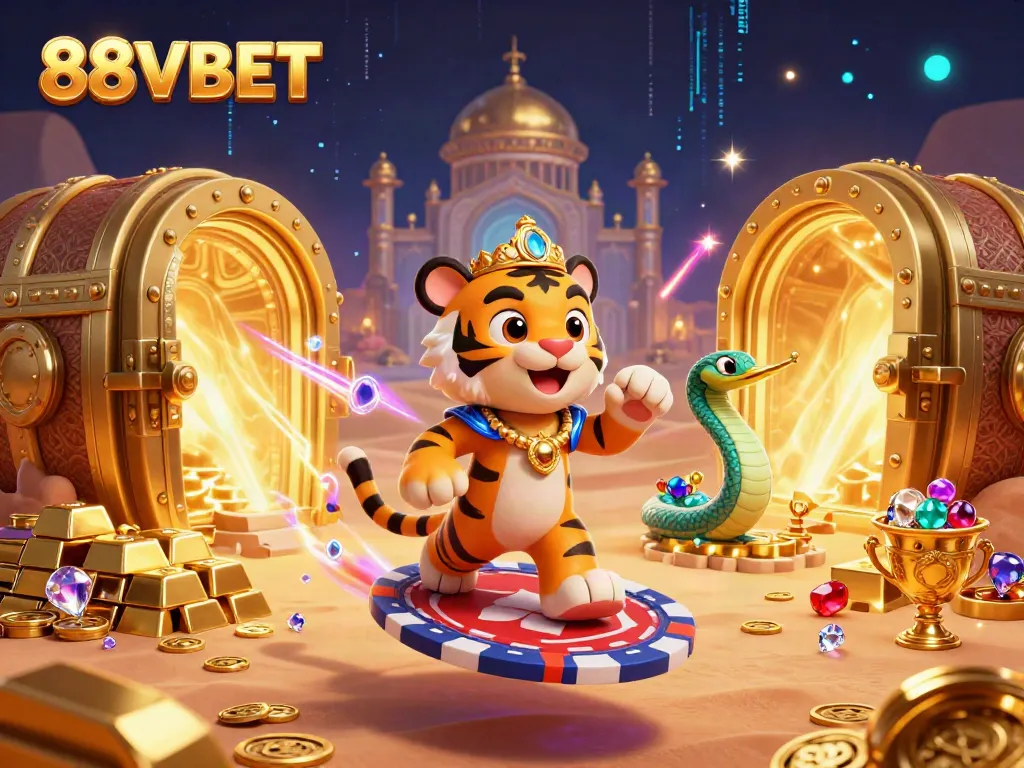 Experience the excitement of 88VBET's casino world with a magical tiger sultan, flying carpet, and treasures!