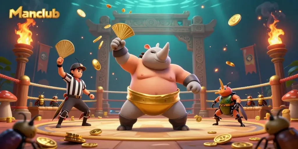 Experience the excitement of manclub's dynamic gambling scene with a beetle champion, coins flying, and high-energy atmosphere.
